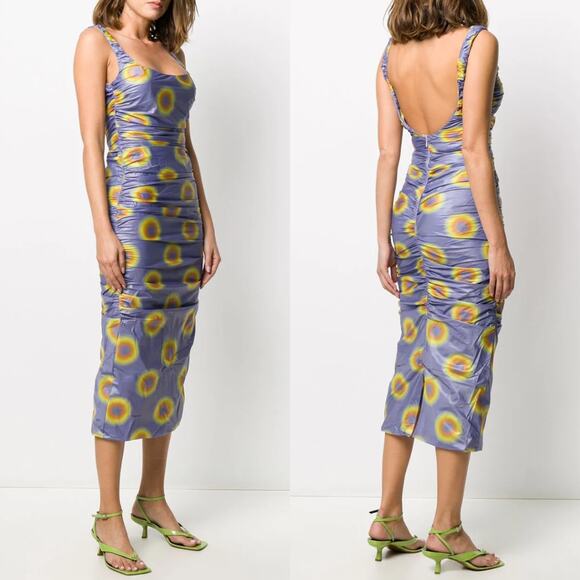 Maisie Wilen | Lady Miss Purple Yellow Ruched Low Back Polka Dot Midi Dress M - Picture 1 of 14
